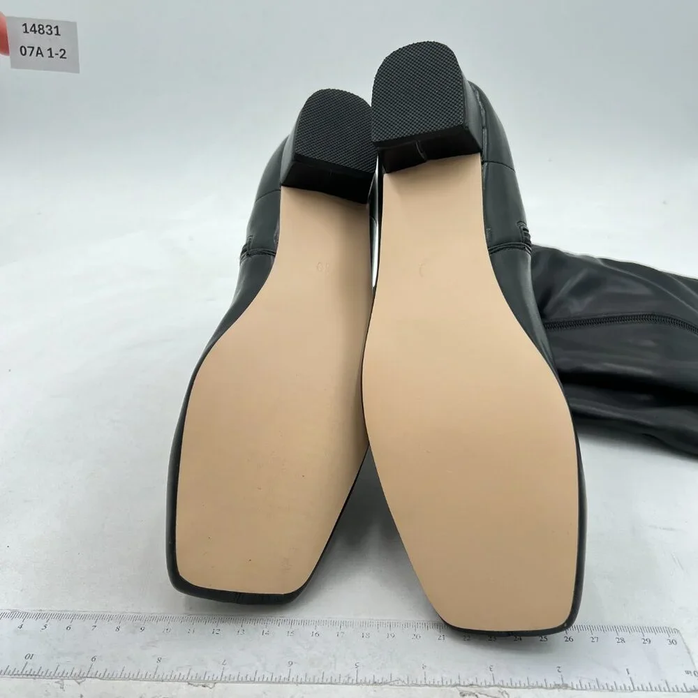 Black Women Stylish Square Toe Block Low Heel Side Zipper Knee High Riding Boots